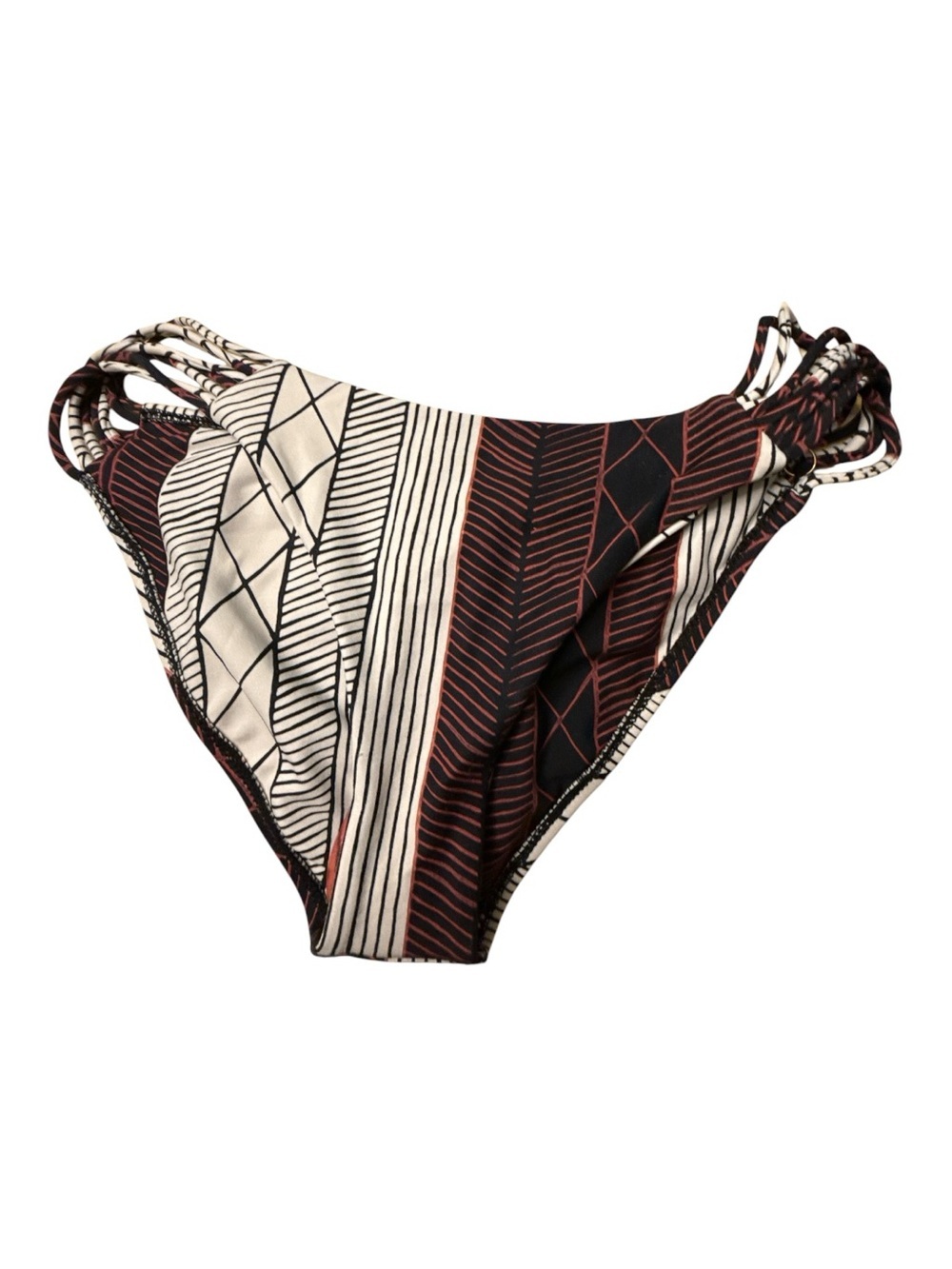 Women's Strappy Side Bikini Bottom - Black Striped with Brown Accents cheeky NWT